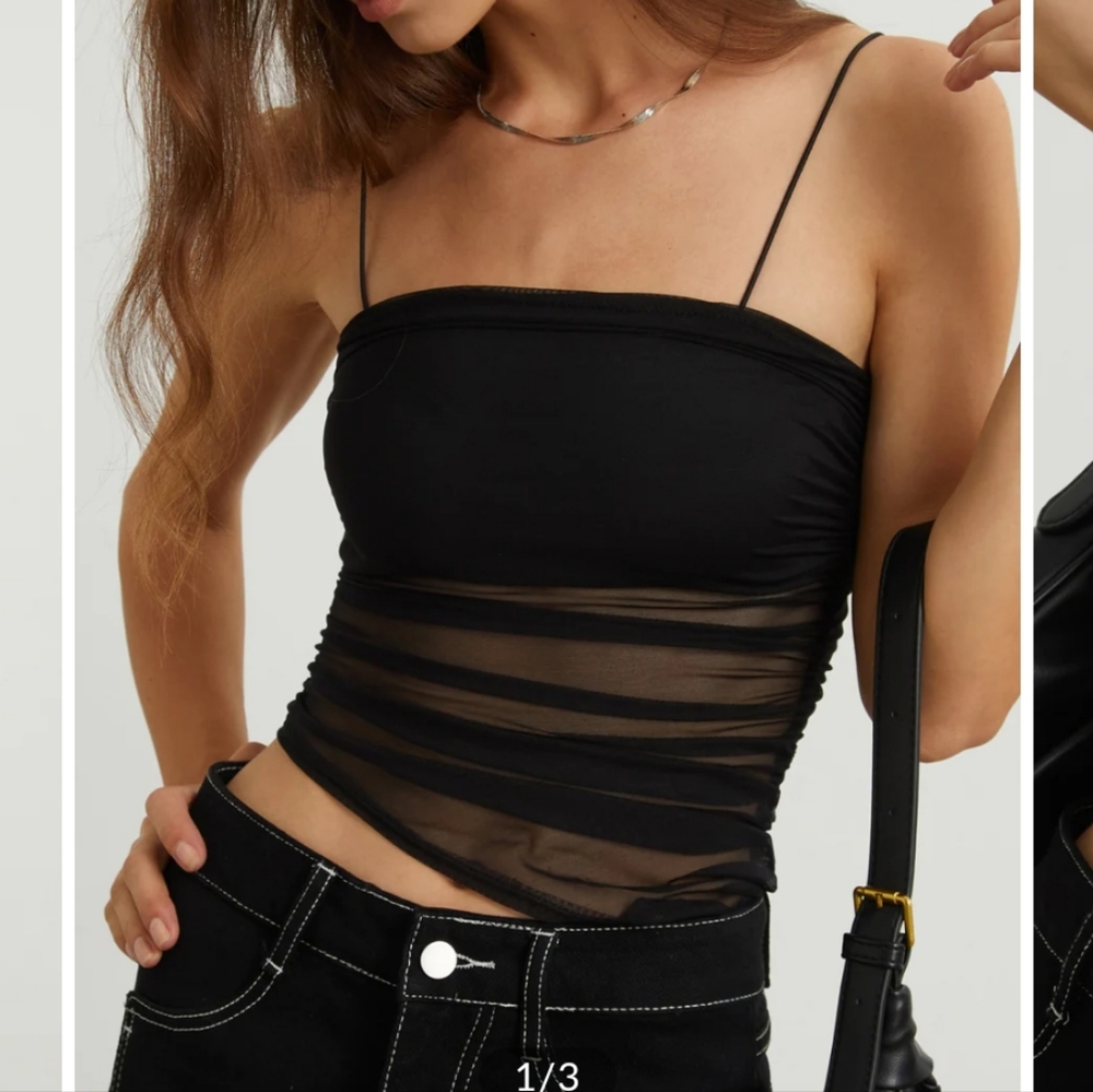 NWT Commense Ruched Mesh Cami Asymetric Hemline Size Small Black